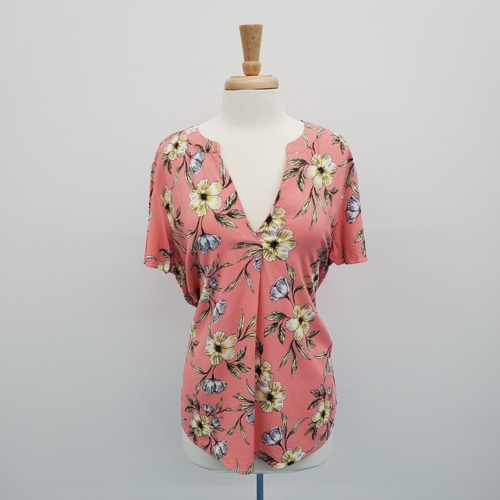 Liz Claiborne Womens‎ Pink Floral Short Sleeve Popover V-Neck Blouse Top Size L
